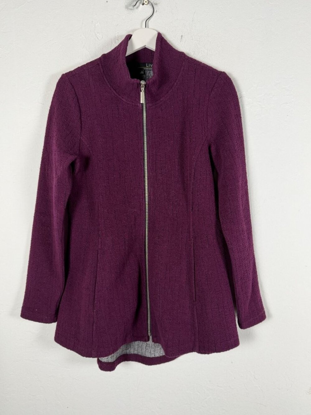 Liv by Habitat Plum Purple Zip Up Jacket XS Textured Knit Stand Collar Shimmer